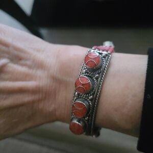 Red Coral Tibetan Silver Bracelet: Nepali Tribal Jewelry